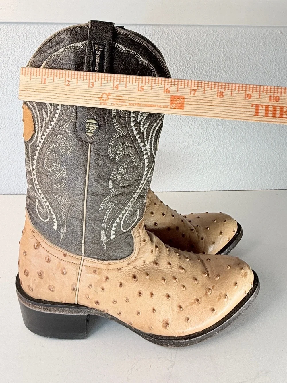 El General Ostrich Print Western Cowboy Boots Size 8 Tan Leather Embroidered